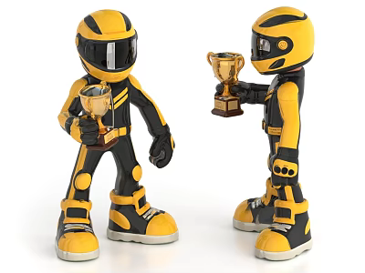 Yellow and Black Action Figure Dolls Holding Trophies in Helmeted Robot Design 3d model