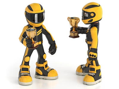 Yellow and Black Action Figure Dolls Holding Trophies in Helmeted Robot Design 3d model