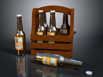 Wooden Beer Crate With Labeled Bottles And Fallen Bottle With Cap 3d model