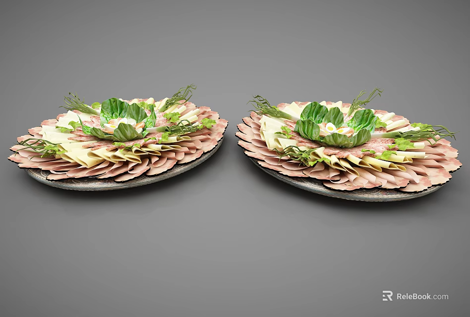 Fresh Sliced Meat Platter With Green Garnish And Central Vegetables On Plates 3d model 