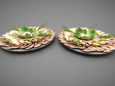 Fresh Sliced Meat Platter With Green Garnish And Central Vegetables On Plates 3d model