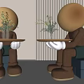 Human-like Sculptures with Round Spherical Heads Holding Trays with Plants Sitting on Blue Blocks
