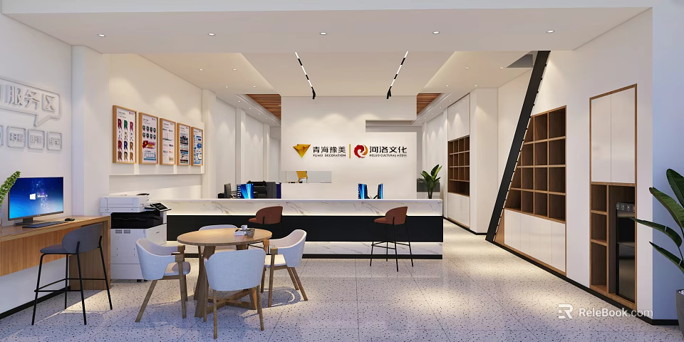 Modern Store Front Desk Interior Design With Table Chairs And Display Shelves 3d model 