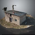 Dilapidated Brick House with Blue Damaged Roof Dead Branches Weeds and Rubble Around