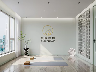 Serene Yoga Studio with Wooden Floor Yoga Mats and City Window Natural Light View 3d model