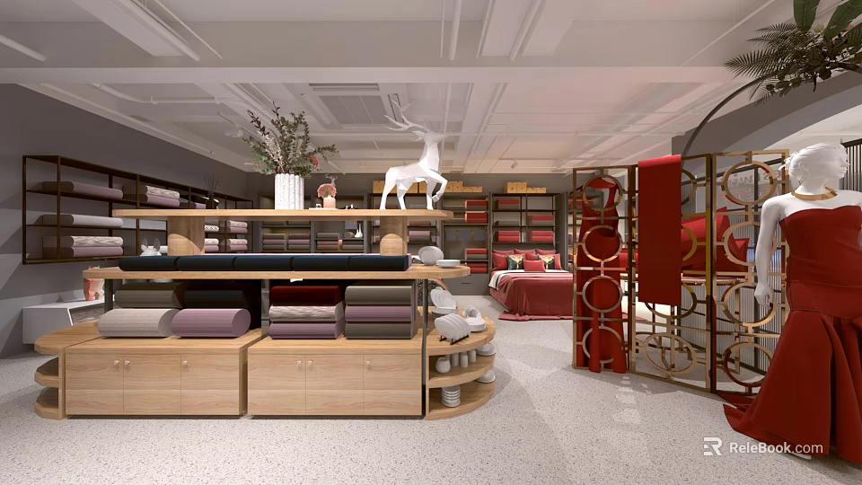 Modern Home Furnishing Store Interior With Wooden Shelves Textile Displays And Decorative Deer Ornaments 3d model 