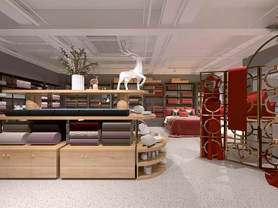 Modern Home Furnishing Store Interior With Wooden Shelves Textile Displays And Decorative Deer Ornaments 3d model