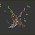 Crossed Fantasy Weapons With Wooden Handles Green Decorative Accents And Silver Blades Surrounded By Green Leaves