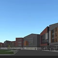Lively Modern Commercial Street With Red Brick Gray Walls Glass Windows Pedestrians Cars And Greenery