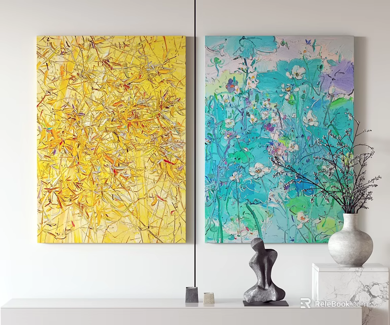 Stylish Wall Decor With Yellow Abstract Painting Blue Floral Art Vase And Sculpture 3d model 