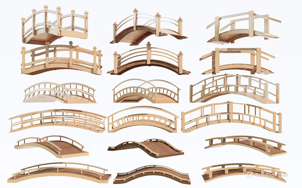 Various Wooden Landscape Bridges With Different Arch And Flat Designs For Garden Decoration 3d model 