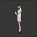 A woman wearing white lab coat and skirt standing with clasped hands against grey background