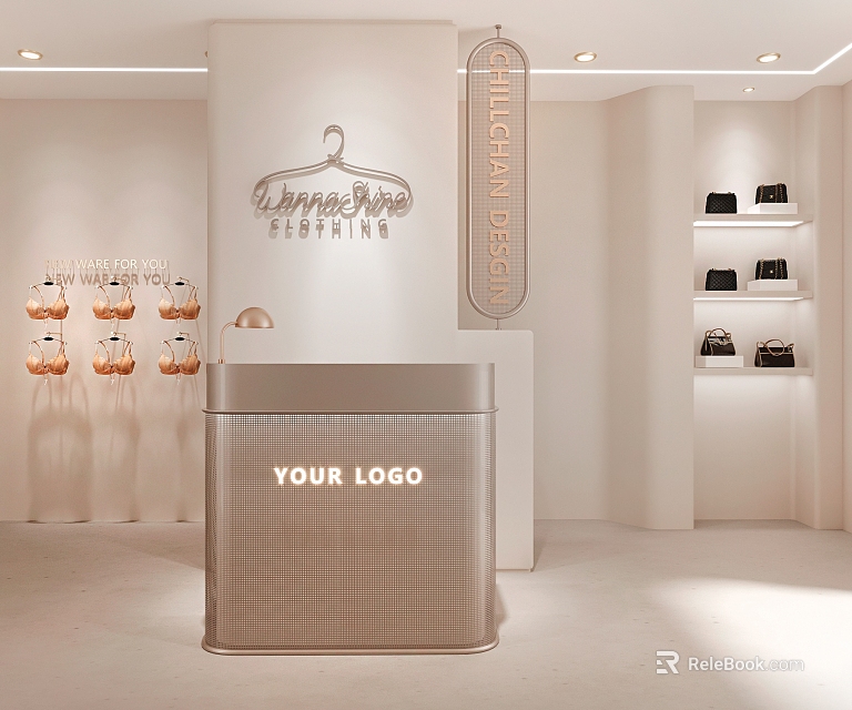 Anne Klein Clothing Store Featuring Modern White Interior Hanging Clothes Reception Counter And Bag Shelves 3d model 