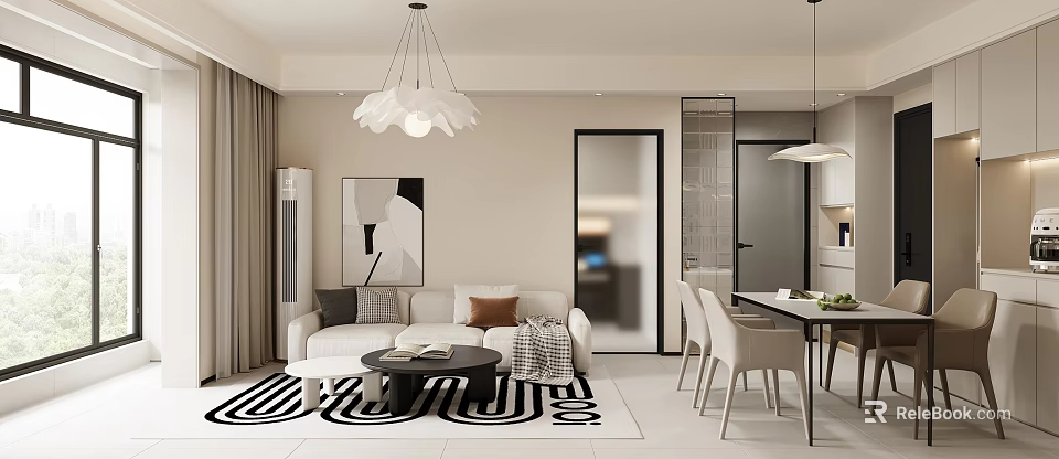 Modern Living And Dining Room With Sofa Dining Table Chairs Rug And Pendant Light 3d model 