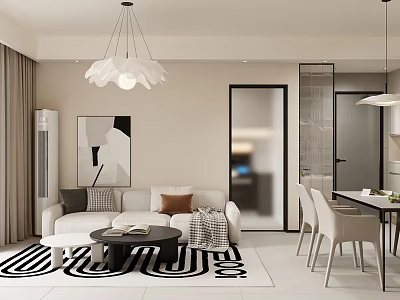 Modern Living And Dining Room With Sofa Dining Table Chairs Rug And Pendant Light 3d model