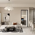 Modern Living And Dining Room With Sofa Dining Table Chairs Rug And Pendant Light