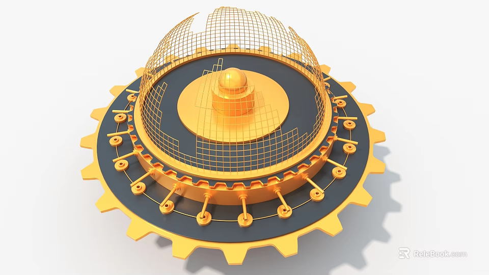 Golden Gear Art Installation With Wireframe Sphere Central Component And Circular Base Design 3d model