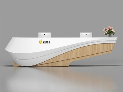 Modern Reception Desk With White Curved Design And Wooden Base Plus Pink Flowers 3d model