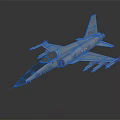 Gray Fighter Jet With Blue Nose Weapon Attachments And Tail Fin Logo