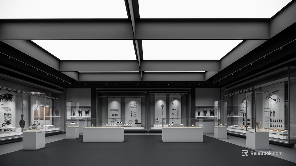 Cultural Center Interior With Glass Display Cases Exhibits And Spacious Modern Lighting Design 3d model 