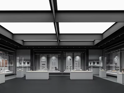 Cultural Center Interior With Glass Display Cases Exhibits And Spacious Modern Lighting Design 3d model