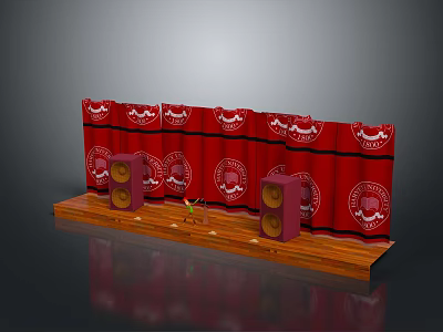 Theatrical Stage Setup With Red Curtains Repeating Patterns Wooden Platform And Speakers 3d model
