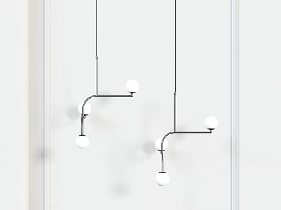 Modern Pendant Lights With Curved Metal Arms And White Globe Shades In Minimalist Interior 3d model