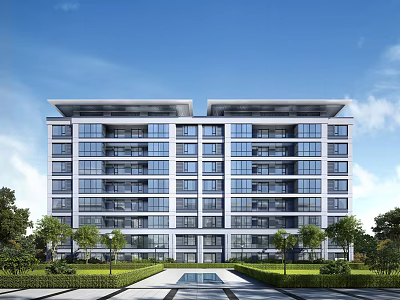 Modern Residential Building with Glass Curtain Walls Symmetrical Design and Green Landscaping Under Clear Sky 3d model