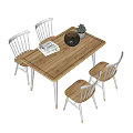 Wooden Rectangular Dining Table Set With Four Chairs And Tabletop Decor Items 3d model