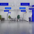 Modern Retail Store Interior Design With Blue Signage Counter And Chairs Layout