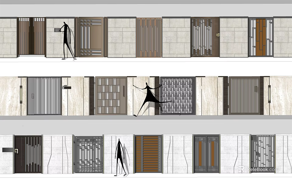 Diverse Entrance Gate Designs Featuring Various Materials And Patterns With Silhouette Figures 3d model 