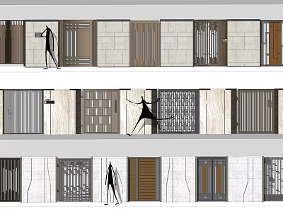 Diverse Entrance Gate Designs Featuring Various Materials And Patterns With Silhouette Figures 3d model