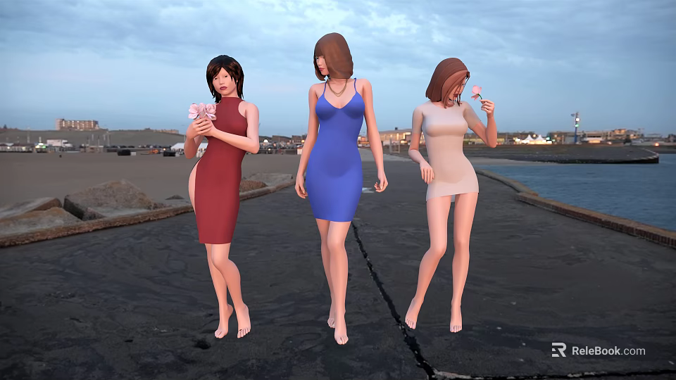 Three Women In Bodycon Dresses On Outdoor Walkway 3d model 