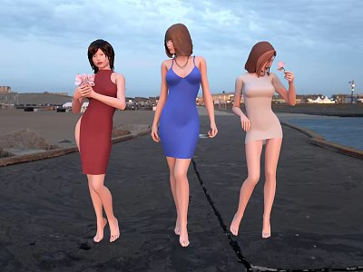 Three Women In Bodycon Dresses On Outdoor Walkway 3d model