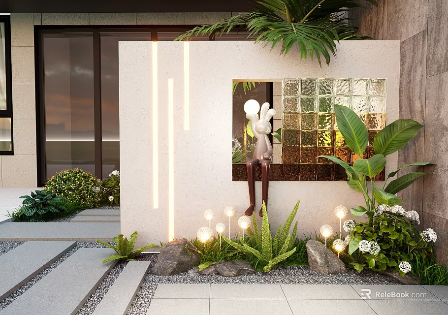 Modern Garden Decor with Glass Block Wall Rabbit Statue Greenery Stones and Small Lights 3d model 