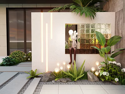 Modern Garden Decor with Glass Block Wall Rabbit Statue Greenery Stones and Small Lights 3d model
