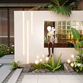 Modern Garden Decor with Glass Block Wall Rabbit Statue Greenery Stones and Small Lights