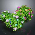 Heart shaped green plant with vibrant colorful flowers purple pink blue yellow and green leaves