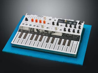 Electronic Synthesizer Keyboard With Black White Keys And Orange Knobs On Blue Mat 3d model