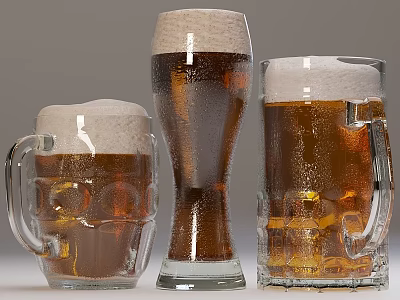 Three Different Types of Beer Glasses Filled with Foamy Beer and Visible Condensation on Surfaces 3d model