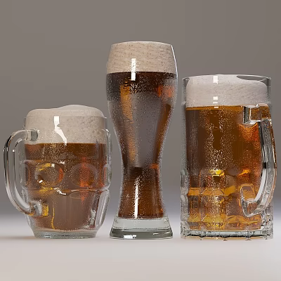 Three Different Types of Beer Glasses Filled with Foamy Beer and Visible Condensation on Surfaces 3d model