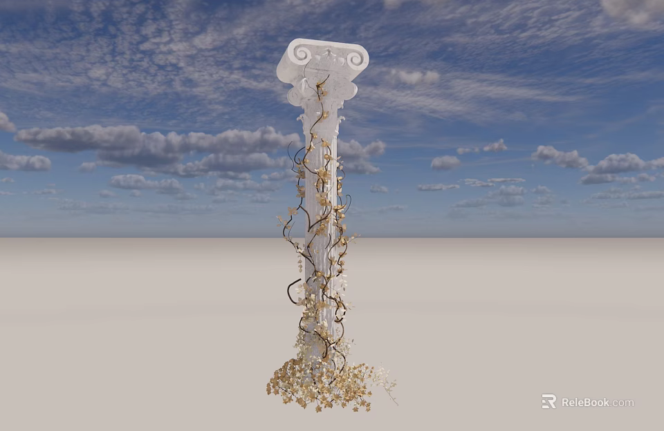 White Column Sculpture with Golden Twisted Vine Carvings Against Blue Sky 3d model 