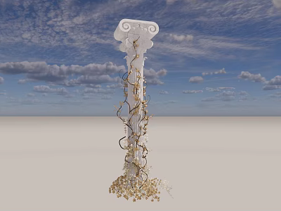 White Column Sculpture with Golden Twisted Vine Carvings Against Blue Sky 3d model