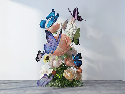 Colorful Butterflies And Pink Roses In Elegant Floral Arrangement 3d model