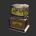 Modern Outdoor Light With Multi Layer Wooden Frame And Yellow Illumination Through Geometric Pattern Panels