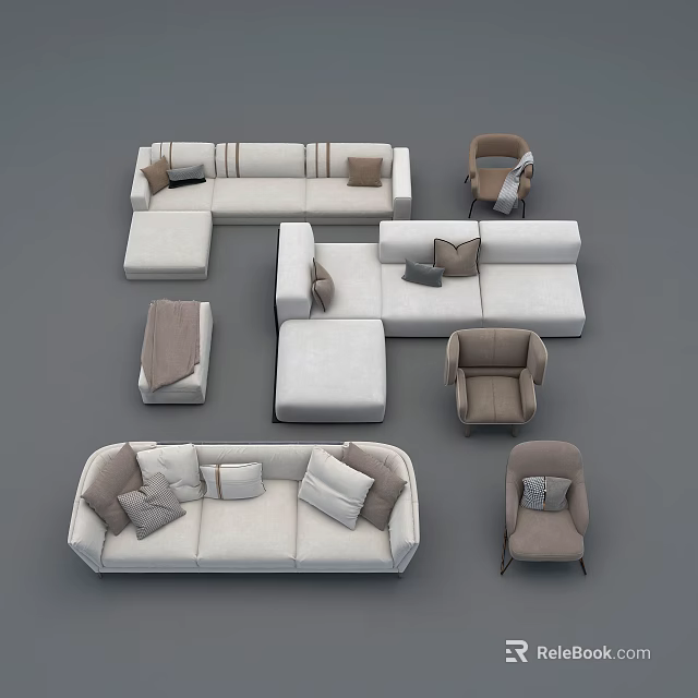 Modern White Sofa Set With Sectional Modules Armchairs Ottoman And Cushions 3d model