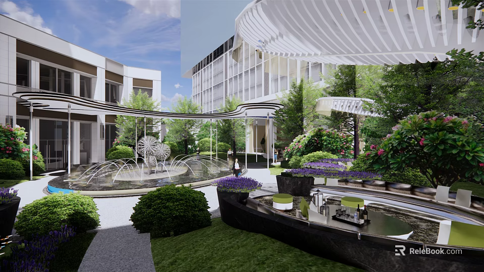 Modern Garden Landscape with Fountains Green Plants White Pergola Modern Buildings and Lawn 3d model 
