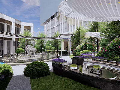Modern Garden Landscape with Fountains Green Plants White Pergola Modern Buildings and Lawn 3d model