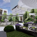 Modern Garden Landscape with Fountains Green Plants White Pergola Modern Buildings and Lawn