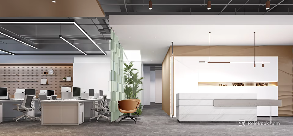 Modern Stylish Office Reception Area With Marble Counter Open Workspace And Elegant Fresh Green Plants 3d model 